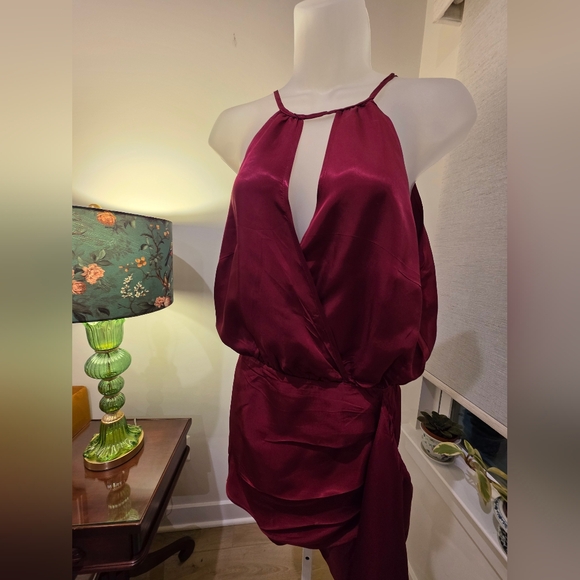 HALARA Wine Satin Halter Wrap Mini Dress - Picture 4 of 10